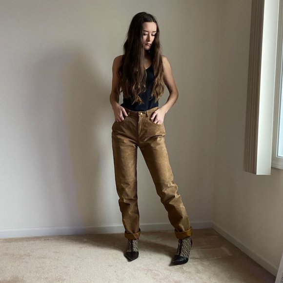 Vintage high waist tan genuine leather pants - Picture 6 of 8
